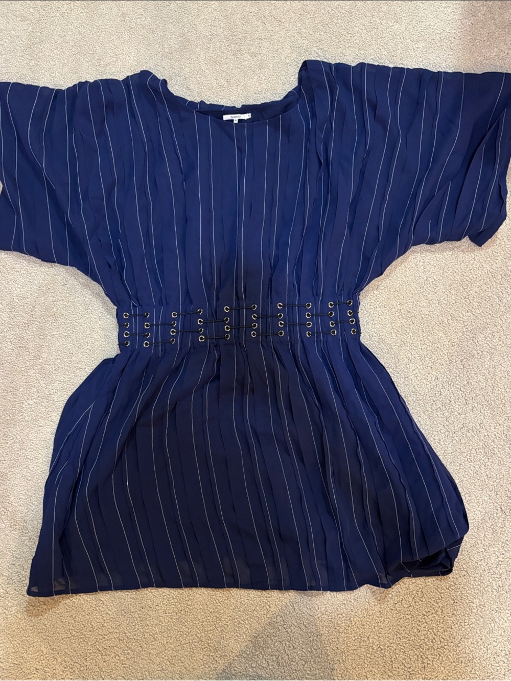 Tularosa Navy Pinstripe Dress with Corset Eyelet Waist